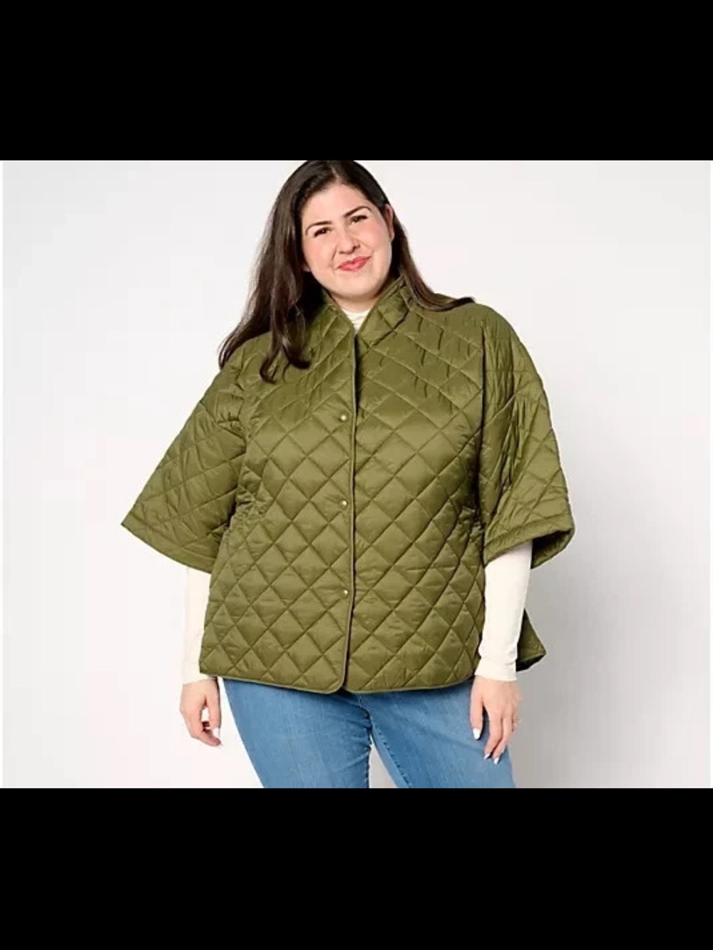 Joan Rivers Quilted 3/4-Sleeve Button Back Detailed Jacket Cape Dark Olive 4XL